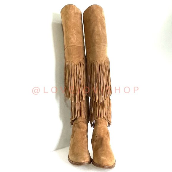 Bohemian | Sam Edelman Over-the-Knee Fringe Boots | Camel Tan Suede Western Tall - Picture 8 of 15